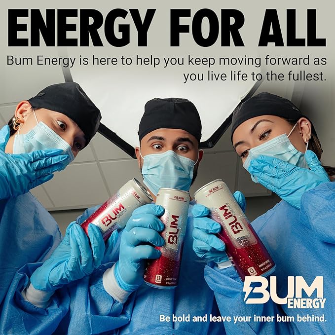 BUM Sugar-Free Energy Drink Dr BUM - Lightly Carbonated &amp No Artificial Colors Natural Caffeine &amp Citicoline for Energy &amp Focus Brain Boost &amp Workout Sports Beverage - 12 oz 12-Pac