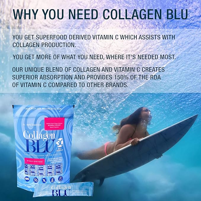 Collagen BLU Premium Marine Collagen with Superfood Derived Vitamin C for Best Absorption Type 1 and 3 Non-GMO Paleo &amp Keto Friendly 30 Stick Packs