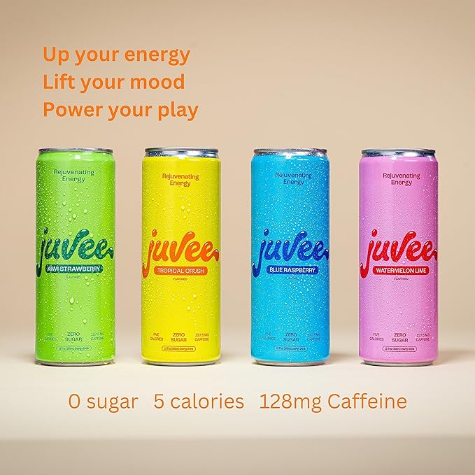 Juvee Rejuvenating Energy Drink – 12 oz Cans (12-Pack) – Sugar Free 128mg Natural Caffeine per Can Zero Sugar Low Calorie Clean Energy &amp Focus Support for All-Day Performance (Variety Pack)