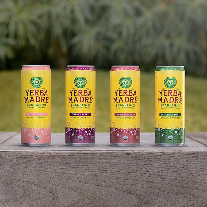 Yerba Madre Organic Sparkling Yerba Mate Cherry Berry 115mg Natural Plant Based Caffeine Smooth Energy &amp Focus Carbonated 12oz Cans (Pack of 12)