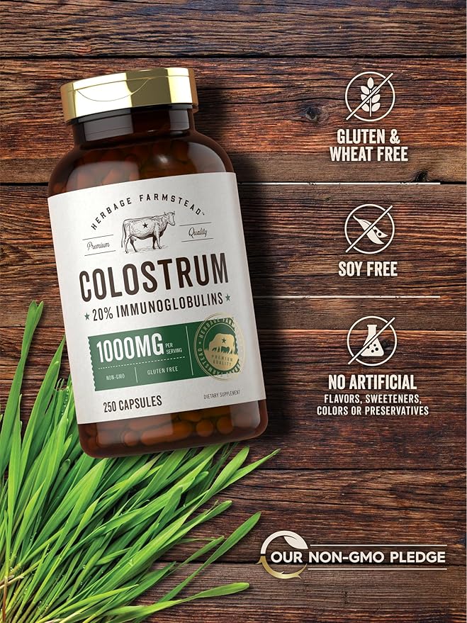 Carlyle Colostrum Capsules | 1000mg | 250 Count | 20% IGG | Non GMO Gluten Free Supplement | by Herbage Farmstead