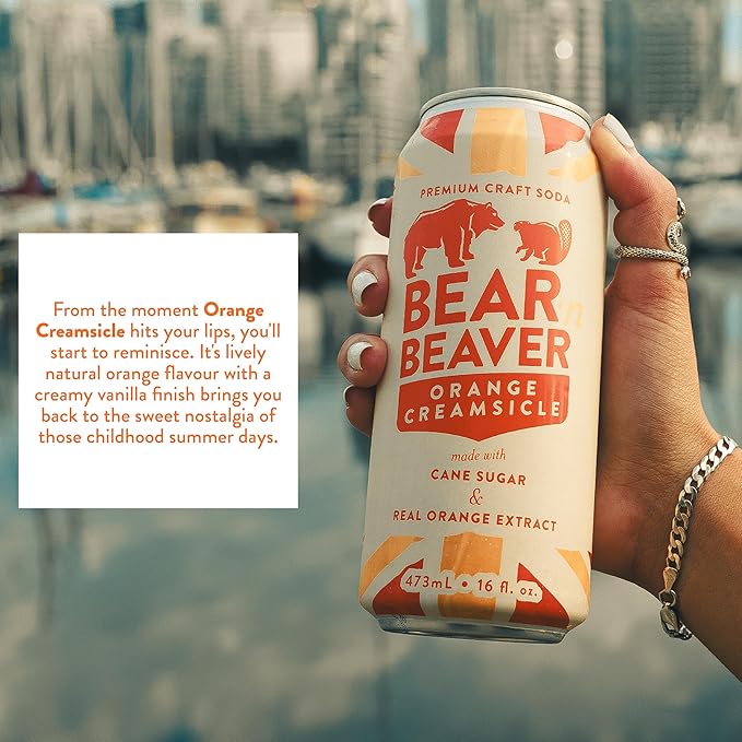 Bear 'n Beaver Premium Orange Creamsicle Craft Soda Soft Drinks - 100% Cane Sugar &amp Orange Extract - Vegan &amp Gluten-Free Bold Caffeine Free Flavor for Mocktails Floats Mixing - 12 Pack of 16