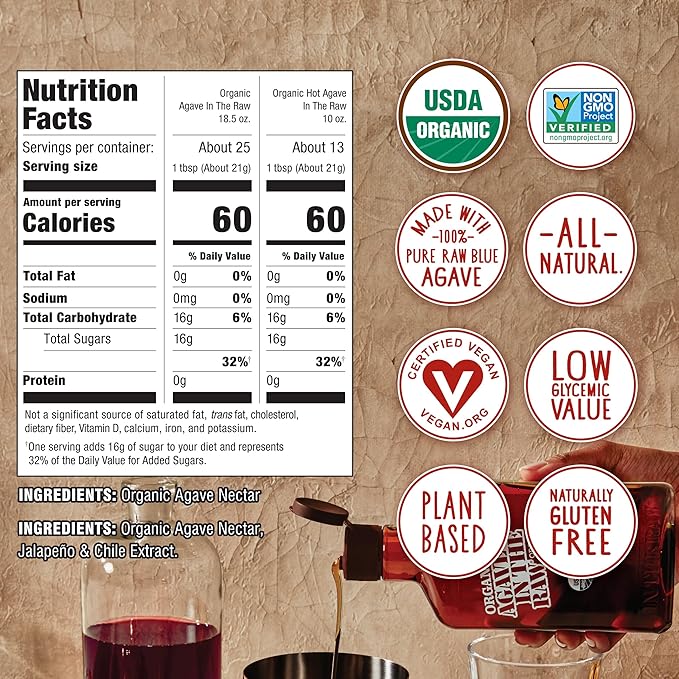 In the Raw Organic Blue Agave Syrup Bundle – Raw Agave Nectar (18.5 OZ) Sugar Substitute + Hot Sweetener (10 OZ) Hot Honey Alternative