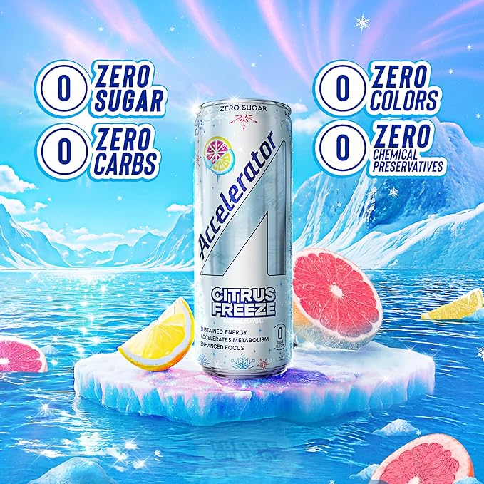 Accelerator Energy Drink Citrus Freeze 12oz can (12 pack) Zero Sugar Sustained Energy from 100% Natural Caffeine (200mg from Green Coffee Bean &amp Green Tea extract)