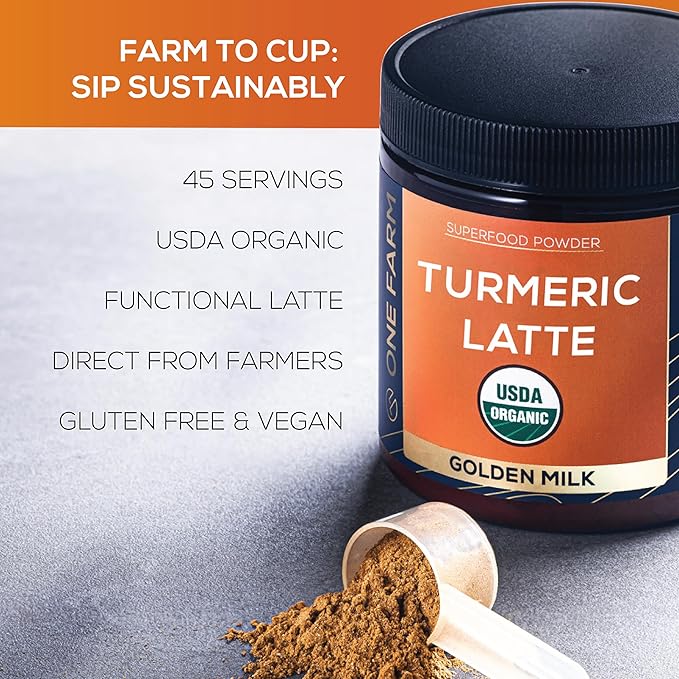 Turmeric Latte Powder - USDA Organic &gt5% Curcuminoid Turmeric Lions Mane Ashwagandha Ginger Cinnamon in a Resealable Glass Jar 45 Servings - Perfect for Making Golden Milk