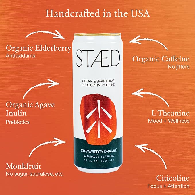 Drink Staed Assorted Flavors Productivity Drink Sparkling Functional Beverage 12-Pack – Blackberry Mint Lemon Lime Ginger Pineapple White Peach &amp Strawberry Orange with Cognizin® Citicoline &a