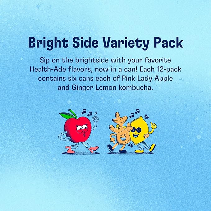 Health-Ade Canned Kombucha Tea Organic Drink Fermented Tea with Living Probiotics Detoxifying Acids Supports Gut Health Non-GMO Vegan Gluten Free 12 Pack (11.5 Fl Oz Cans) Bright Side Variety