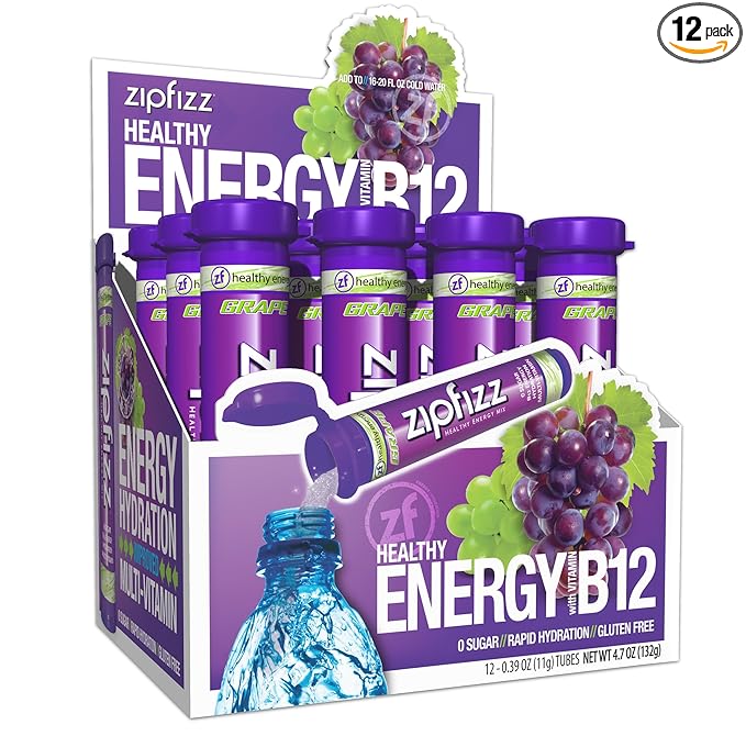 Zipfizz Daily Energy Drink Powder Grape 12 Pack | 3-in-1 Sustained Energy Rapid Hydration and Essential Vitamins | Sugar-Free | Electrolyte Powder | Contains Vitamin B-12 &amp Antioxidants