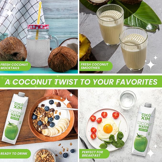 COCOXIM Ready to Drink Pure Coconut Water - 33.8 oz (Pack of 12)| Zero Added Sugar |100% Natural &amp Fresh with Electrolytes &amp Nutrients | Halal &amp Kosher Certified | Alternative to Soda Sof