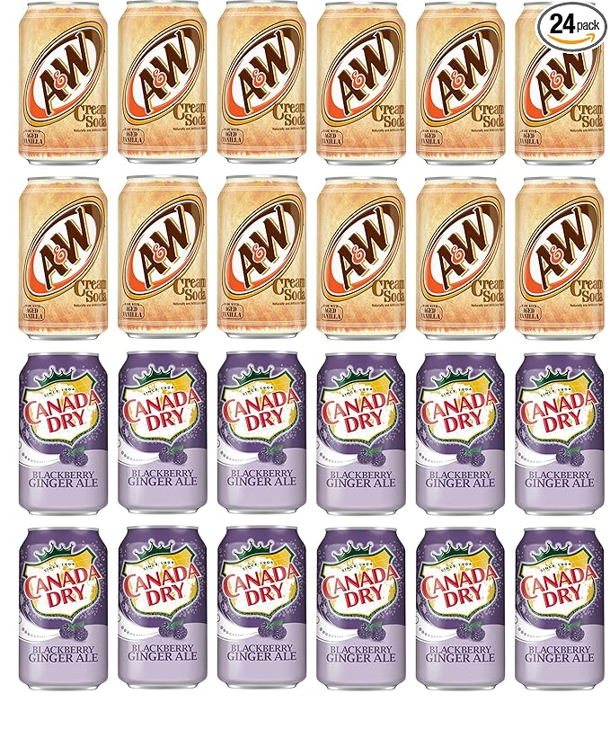 LUV-BOX Variety Soda pack  pack of 24  12 fl oz  A&ampW CREAM SODA - CAFFEINE FREE  CANADA DRY BLACKBERRY GINGER ALE
