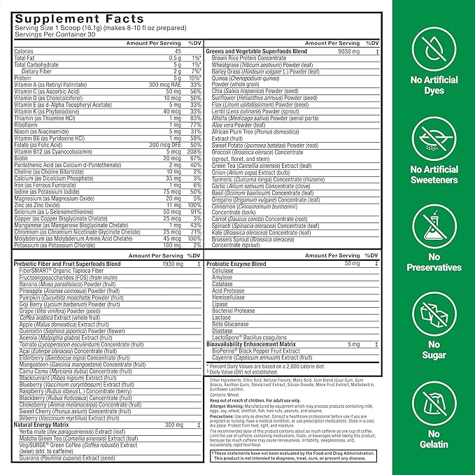 Smarter Greens Superfoods + Energy Powder 2-Pack Greens Powder with Plant-Based Caffeine Probiotics Digestive Enzymes Superfood Powder Boost Energy Support Immunity Force Factor 60 Servings