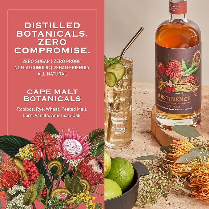 Abstinence Cape Malt Whiskey Alternative 750ml Award-Winning Non Alcoholic Spirit South African Twist Blend of Spice Botanicals with Smokey Flavor Zero Proof Mocktail