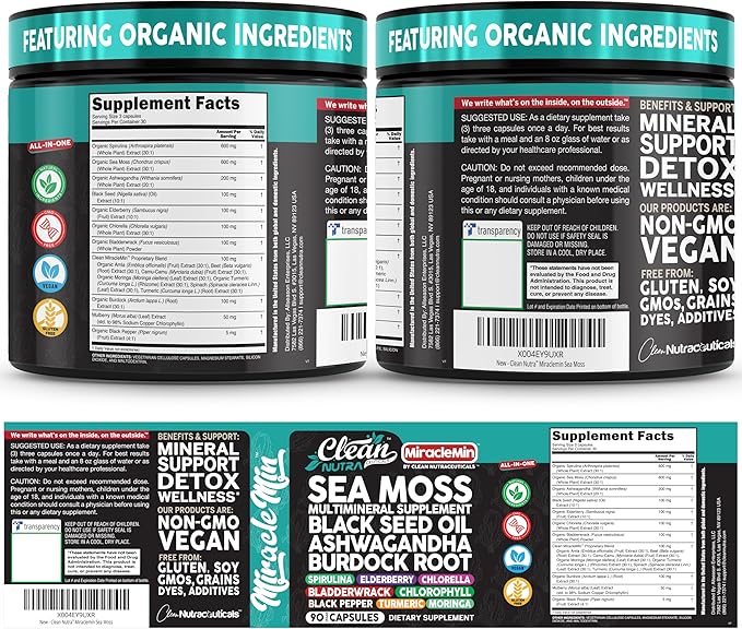 Clean Nutra Organic Sea Moss Capsules with Ashwagandha Black Seed Oil Burdock Root Bladderwrack Moringa Chlorella Spirulina Turmeric Elderberry Amla – 90 Vegan Capsules – MiracleMin