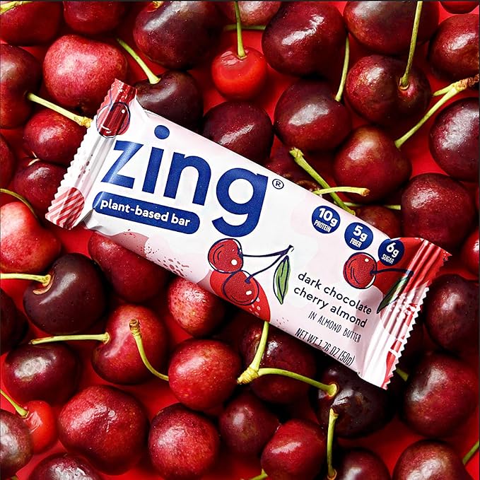 Zing Dark Chocolate Cherry Vegan Protein Bars Gluten Free with High Protein High Fiber Dairy Free Nutrition Bars Plant Based Protein Kosher Low Sugar No Sugar Alcohols - 12 count