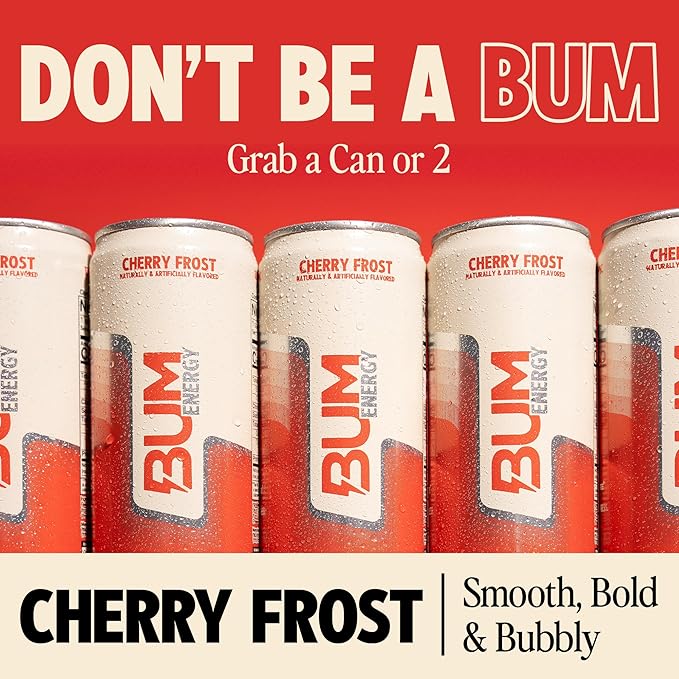 BUM Sugar-Free Energy Drink Cherry Frost - Lightly Carbonated &amp No Artificial Colors Natural Caffeine &amp Citicoline for Energy &amp Focus Brain Boost &amp Workout Sports Beverage - 12 oz