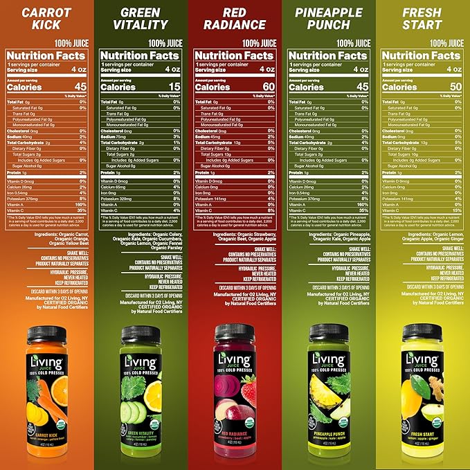 O2 Living Juice Cold Pressed Drink - Pineapple Punch Organic Juice Pack - No Added Sugars or Water Naturally Sweetened from Fruits Rich in Nutrients &amp Vitamins - Non-GMO - 4 fl oz - 8 Pack