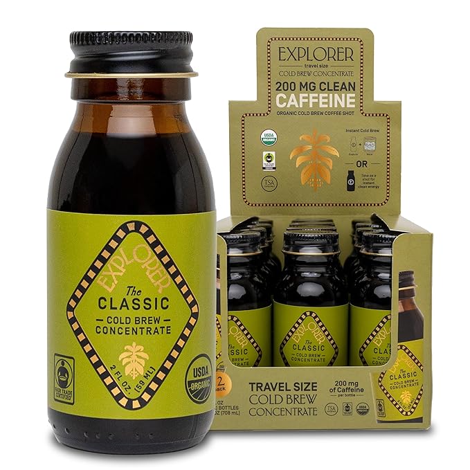 Explorer Cold Brew Organic Liquid Coffee Concentrate Classic Regular Caffeine Drink Iced or Hot While On the Go Travel Size 2 fl oz (Pack of 12)