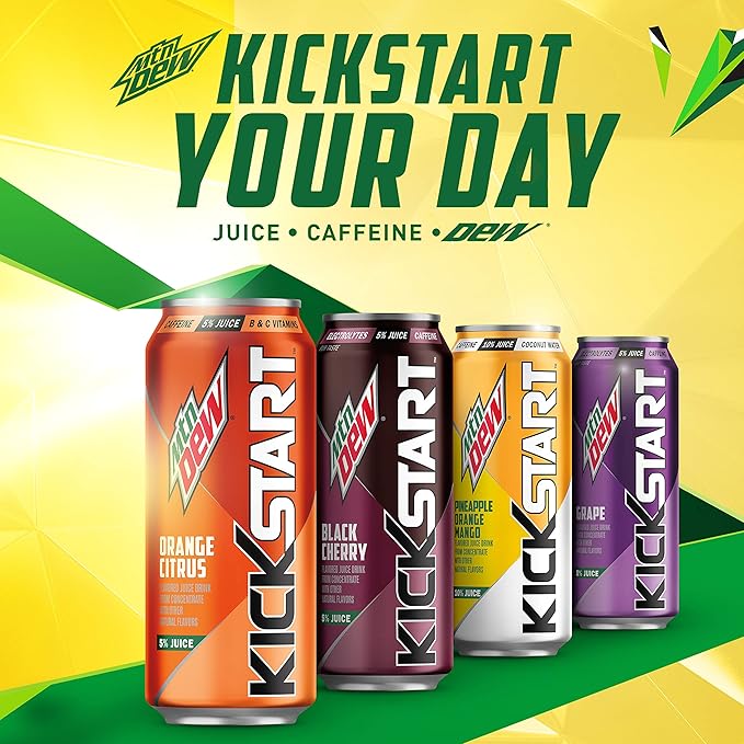 Mountain Dew Kickstart Pineapple Orange Mango 90mg Caffeine Vitamins B &amp C 80 Calories 10% Juice 16 fl oz (Pack of 12)