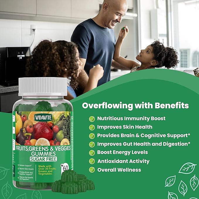 Sugar-free Super Greens Gummies — US-Made 35+ Fruit and Veggie gummies to Boost Immunity Skin &amp Gut Health — Ideal Fruits and Vegetables Supplement for Adults &amp Picky Teens (30-Days Supply)