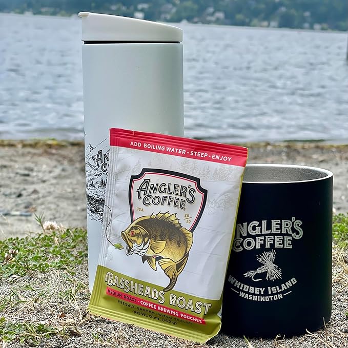 Angler’s Coffee Bassheads Single Serve Med-Roast Fresh Brew Coffee Pouch - Carefully Roasted Freshly Ground &amp Nitro-Flushed Quality Coffee - Just add Water - 10 ct