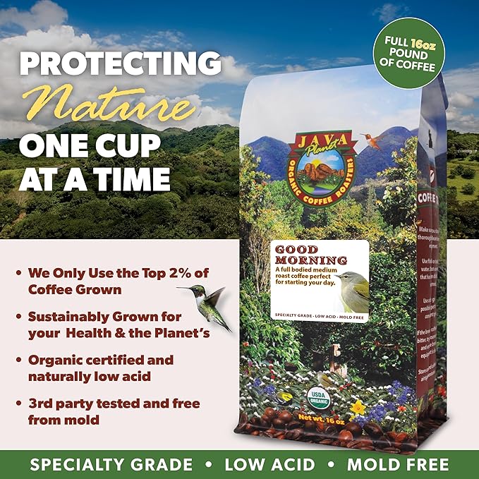 Low Acid Organic Coffee – Whole Bean Mold-Free &amp Stomach Friendly by Java Planet Good Morning Blend Coffee Medium Roast Smooth Full Flavored 1LB Bag