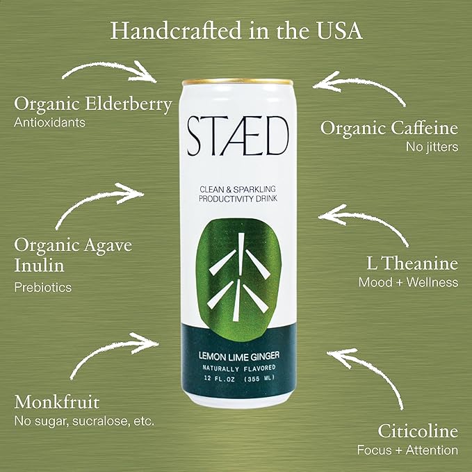 Drink Staed Lemon Lime Ginger Productivity Drink Sparkling Functional Beverage 12-Pack – With Cognizin® Citicoline &amp L-Theanine Organic Clean Caffeine Healthy Energy Drink