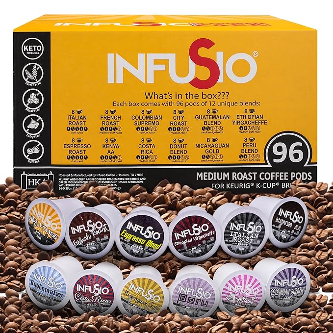 InfuSio Coffee Pods Variety Pack – 96 Count 12 Sophisticated Medium &amp Dark Roast Blends Crafted Blends Collection – Premium Single-Serve Coffee Compatible with Keurig K-Cup 2.0 Brewers