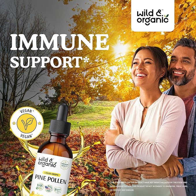 Wild &amp Organic Pine Pollen Tincture - Pine Pollen Extract Drops for Men &amp Women - Add to Tea &amp Drink - Pure Pinus Sylvestris Extract - Vegan Sugar &amp Alcohol-Free Liquid Supplement - 2