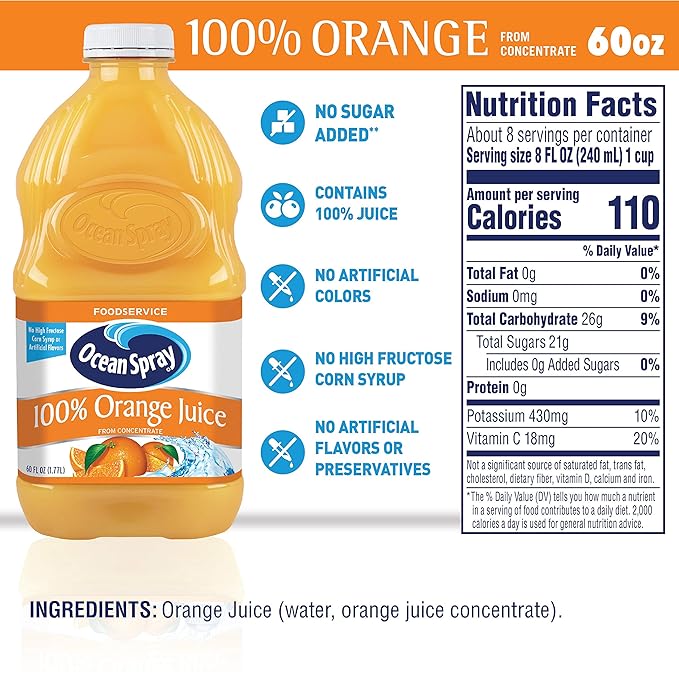 Ocean Spray 100% Orange Juice 60 Ounce Bottles (Pack of 8)