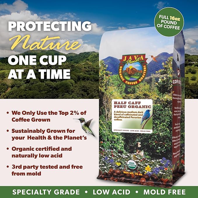 Low Acid Organic Coffee – Whole Bean Mold-Free &amp Stomach Friendly by Java Planet Peruvian Single Origin Half Caff Coffee Medium Dark Roast Arabica Gourmet Coffee Grade A 1LB Bag