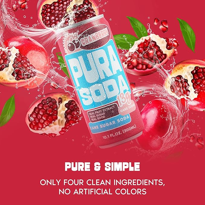 PuraSoda® Cranberry | 65 Calories &amp 13g Pure Cane Sugar per Can | Non-GMO Vegan | Made with Pure Cane Sugar Clean &amp Refreshing | 10 fl oz (300ml) Cans Pack of 24