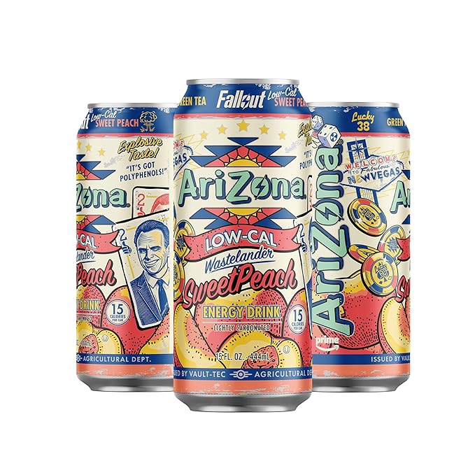 AriZona x Fallout Low Calorie Sweet Peach Green Tea Energy Drink 15 fl oz (Pack of 12) - 190mg Caffeine per Can