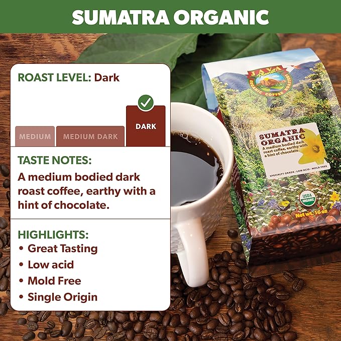 Low Acid Organic Coffee – Whole Bean Mold-Free &amp Stomach Friendly by Java Planet Sumatran Single Origin Coffee Dark Roast Smooth Full Flavored 2x1LB Bag