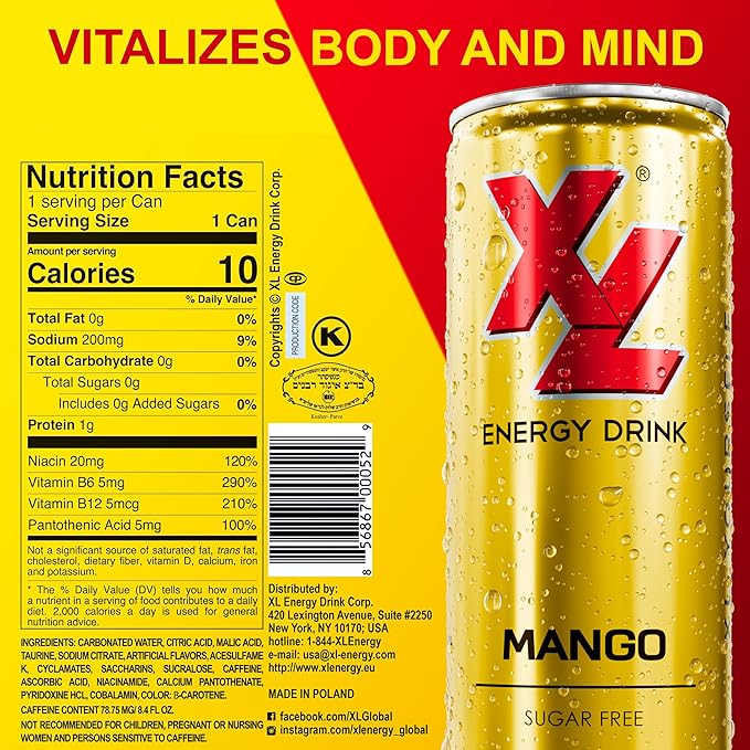 XL Energy Drinks Sugar Free Mango Energy Drink 24 pack with 80mg Caffeine and 100 mg Taurine with B Vitamins - Boost Focus and Energy with Zero Sugar Low Calorie Energy Drinks - 250 ml (8.4 Oz) Mango