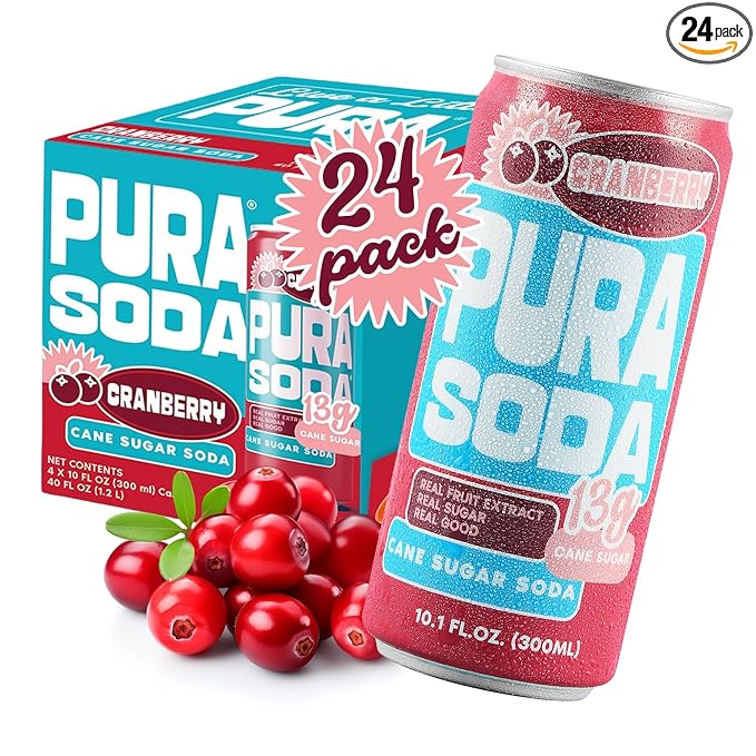 PuraSoda® Cranberry | 65 Calories &amp 13g Pure Cane Sugar per Can | Non-GMO Vegan | Made with Pure Cane Sugar Clean &amp Refreshing | 10 fl oz (300ml) Cans Pack of 24