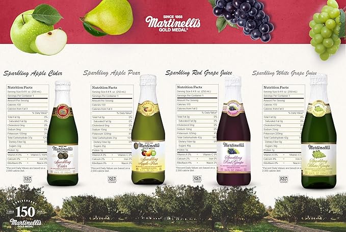 Martinelli's Sparkling Party Drinks 4 Flavor Variety Pack | Apple Cider Apple Pear Red and White Grape Juice | 12 Pack of 8.4 oz Bottles