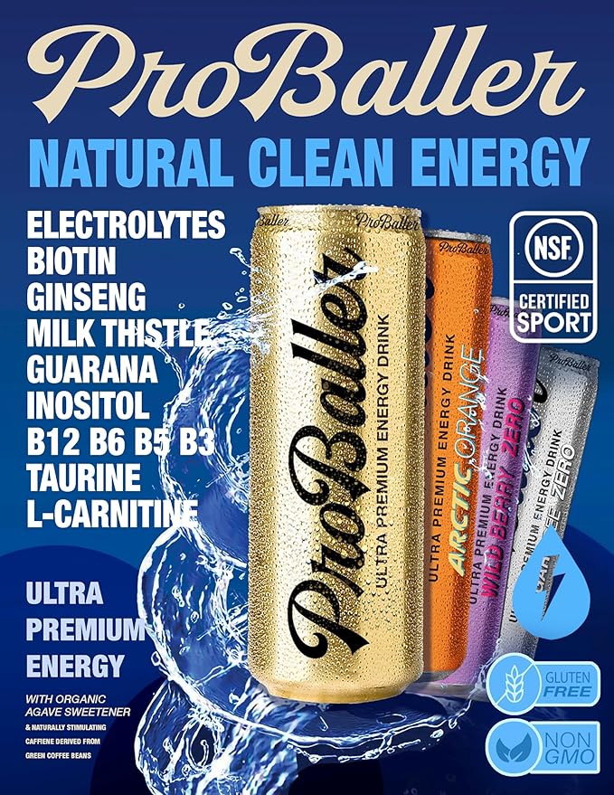ProBaller Clean Energy Drink - Athlete-Grade Energy for Focus &amp Performance Naturally Sweetened with Agave NSF Certified for Sport Natural Caffeine Biotin Electrolytes Amino Acids &amp B Vi