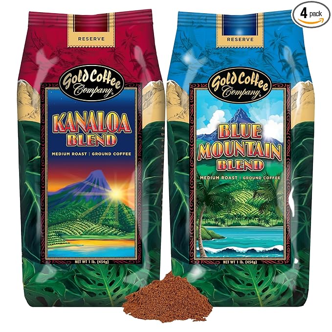 Gold Coffee Bundle | Kanaloa &amp Blue Mountain Medium Roast Ground |100% Arabica Coffee 1 lb. (Pack of 2)