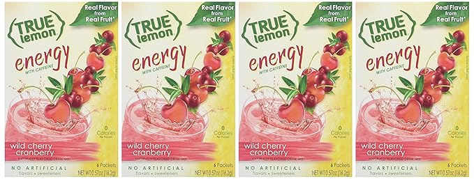 True Lemon (Energy Drinks) Wild Cherry Cranberry 4 boxes 24ct instant powdered drink mix packets by True Citrus (Pack of 4)