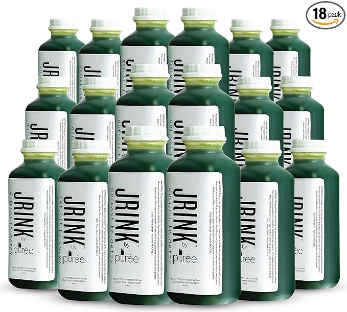 JRINK by Purée Super Green Juice Cold Pressed Organic Vegetable Blend Detox Drink Healthy Raw Greens Juice Cleanse No Preservatives Fresh Detox Cleanse 16oz HDPE Bottles Pack of 18