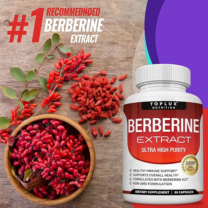 Toplux Berberine Supplement 1800mg - Berberine HCL 97% Tested Ultra High Purity Premium Berberine Extract to Support Overall Health High Potency Berberine Plus Non-GMO Vegan Men Women 90 Capsules