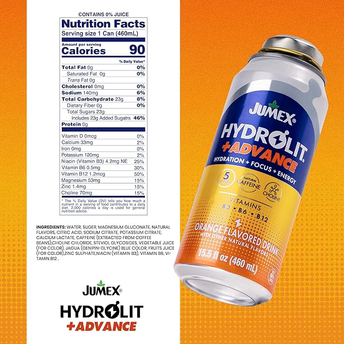 Jumex Hydrolit +Advance Hydration Energy Drinks - 90 Calorie Orange Sports Drinks - Non Carbonated Electrolyte &amp Vitamin Water with Ions Choline B3 B6 B12 &amp Natural Caffeine - 15.5oz 12 P
