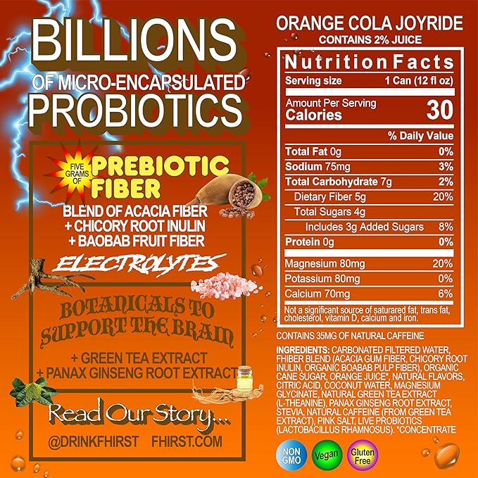 Fhirst Probiotic &amp Prebiotic Orange Cola Joyride Gluten Free &amp Low Sugar Sparkling Drink with Electrolytes &amp Botanicals Gut &amp Brain Health Support Vegan &amp Non GMO 12 FL OZ Cans