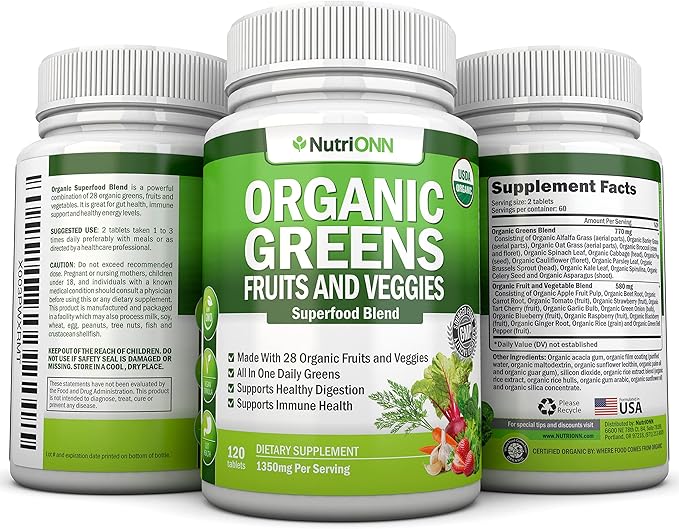 Organic Super Greens Capsules - Fruit And Vegetable Supplements - 120 Count - 28 USDA Organic &amp Vegan Premium Ingredients - Superfood Blend For Immune Health Digestion &amp Energy - Whole Food V