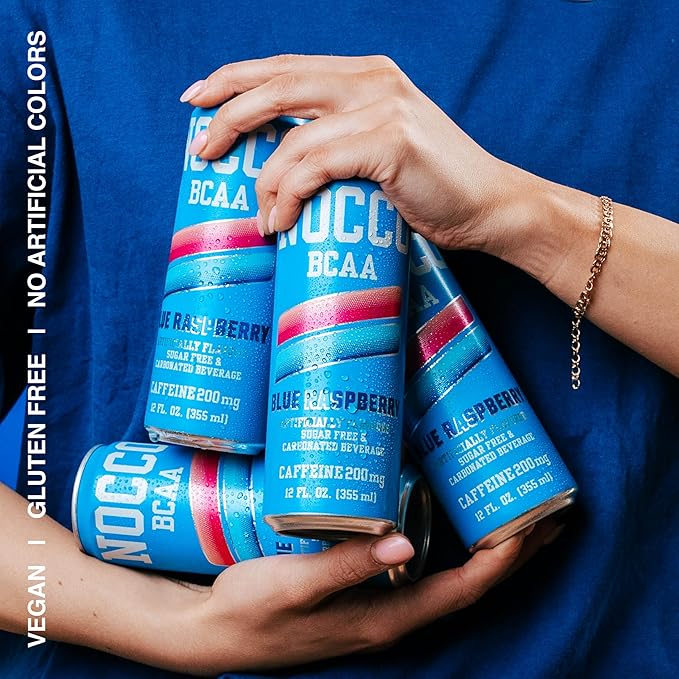 NOCCO Zero Sugar Energy Drink Blue Raspberry - 12 Fl Oz (Pack of 12) - 180mg Caffeine Sugar Free BCAAs - Branched Chain Amino Acids Carbonated &amp Low Cal B Vitamins Grab &amp Go Performance