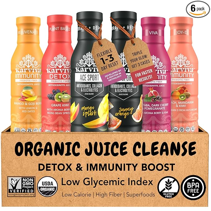 Karviva Organic Detox Juice Cleanse &amp Immunity Boost Ancient Remedies for Gentle Detox &amp Restore Digestion Prebiotics Vitamin C D &amp Marine Collagen Low-Sugar Gluten-Free 1 to 3 Day