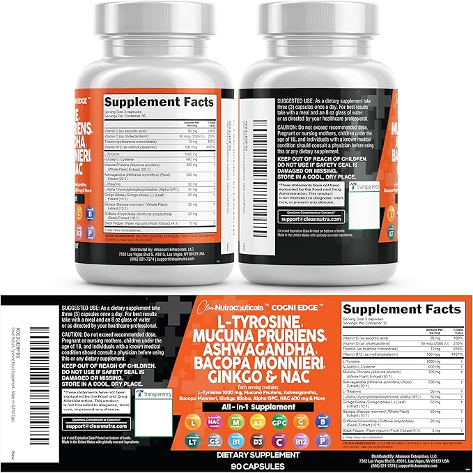 Clean Nutraceuticals L Tyrosine Mucuna Pruriens Bacopa Monnieri Ashwagandha Focus Supplement w/N-Acetyl Cysteine NAC 5-HTP Ginkgo Biloba Alpha GPC Vitamin C D B1 B12 (Pack of 2)