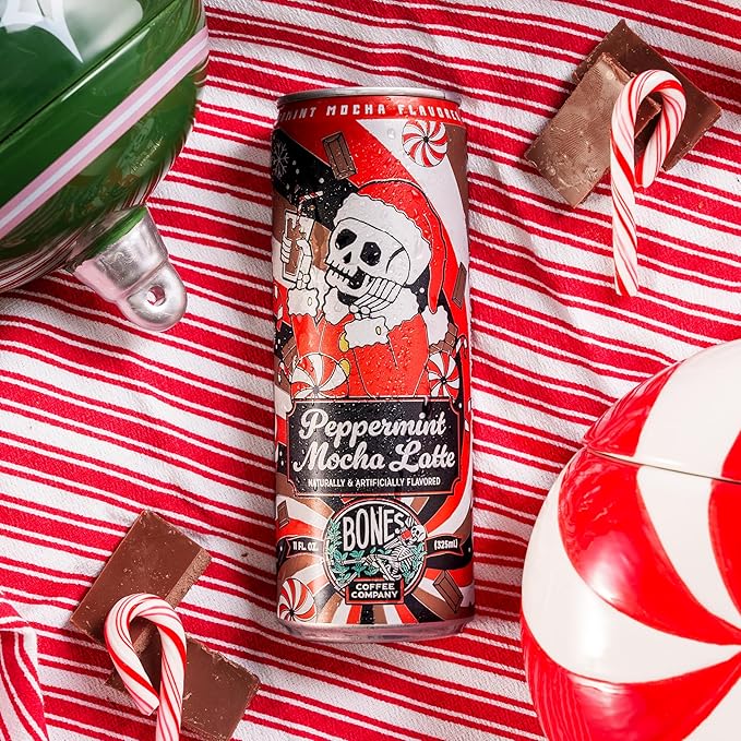 Bones Coffee Company Peppermint Mocha Latte Flavored Coffee Medium Roast Ready To Drink Iced Coffee in Can 11 Fl Oz Can (12 Pack)