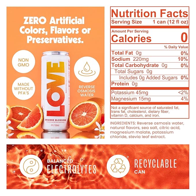 Be LOVE Lightly Flavored Electrolyte Beverage with Magnesium Potassium &amp Sodium - Purified Still Beverage for Daily Hydration Exercise Work &amp Wellness- Zero Sugar Gluten Free (Orange Bloss