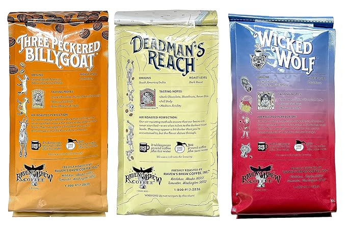 Raven's Brew Ground Coffee Variety Pack - 3 Delicious Flavors - Wicked Wolf Three Peckered Billy Goat and Deadman's Reach - 12 oz each